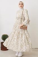 Vêtements hijab BEIGE ROBE CEINTURÉE MOTIF ZÈBRE T 104