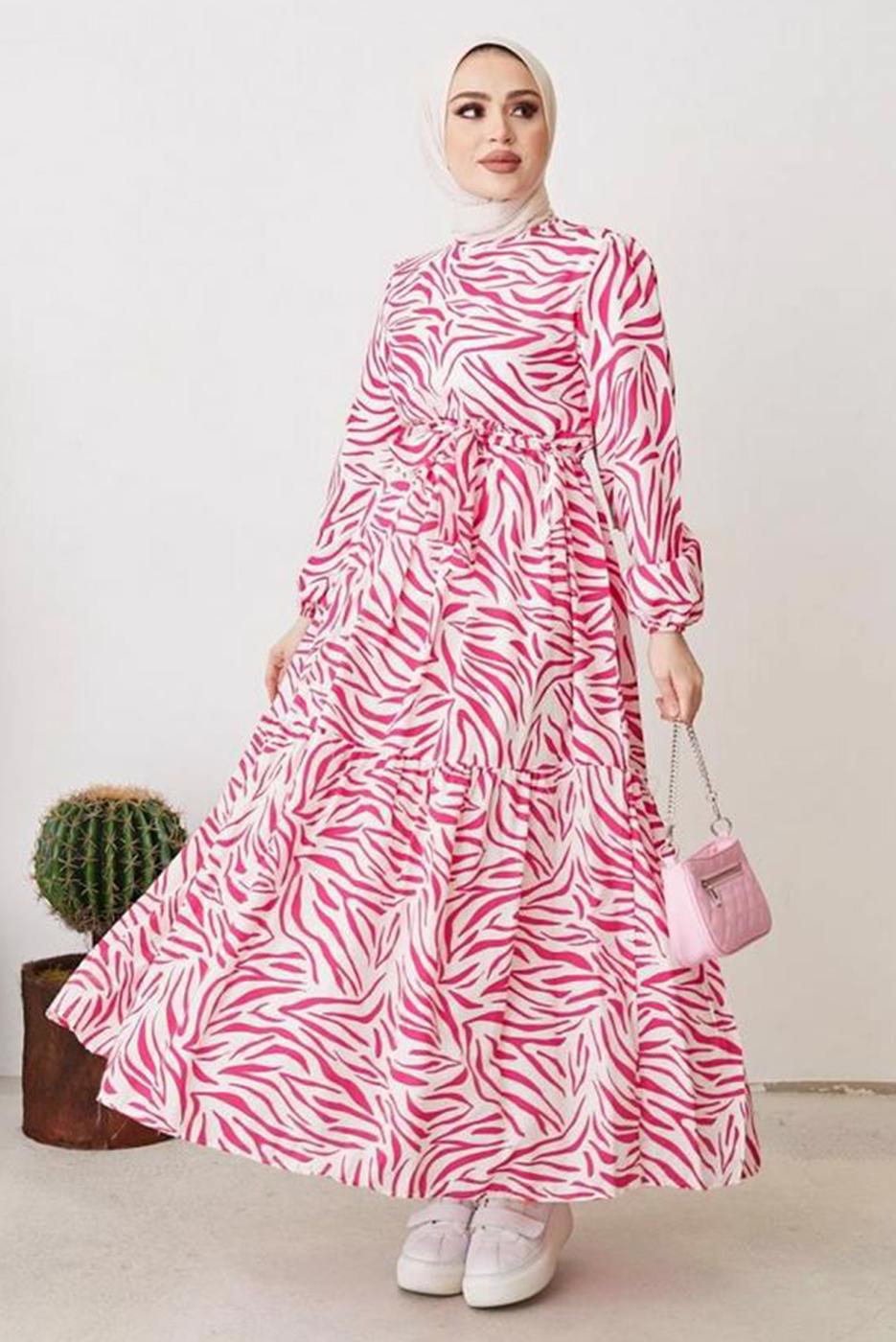 Tesettür giyim FUŞYA ZEBRA DESENLİ KUŞAKLI ELBİSE T 104