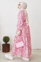 Tesettür giyim FUŞYA ZEBRA DESENLİ KUŞAKLI ELBİSE T 104