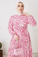 Tesettür giyim FUŞYA ZEBRA DESENLİ KUŞAKLI ELBİSE T 104