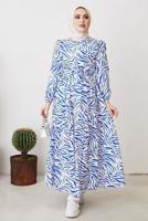 Tesettür giyim LACİVERT ZEBRA DESENLİ KUŞAKLI ELBİSE T 104