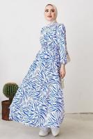 Tesettür giyim LACİVERT ZEBRA DESENLİ KUŞAKLI ELBİSE T 104