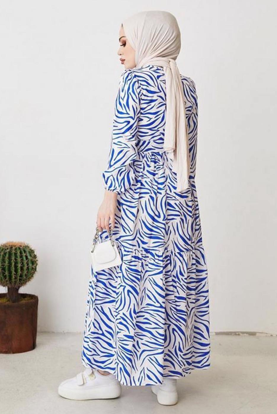 Tesettür giyim LACİVERT ZEBRA DESENLİ KUŞAKLI ELBİSE T 104