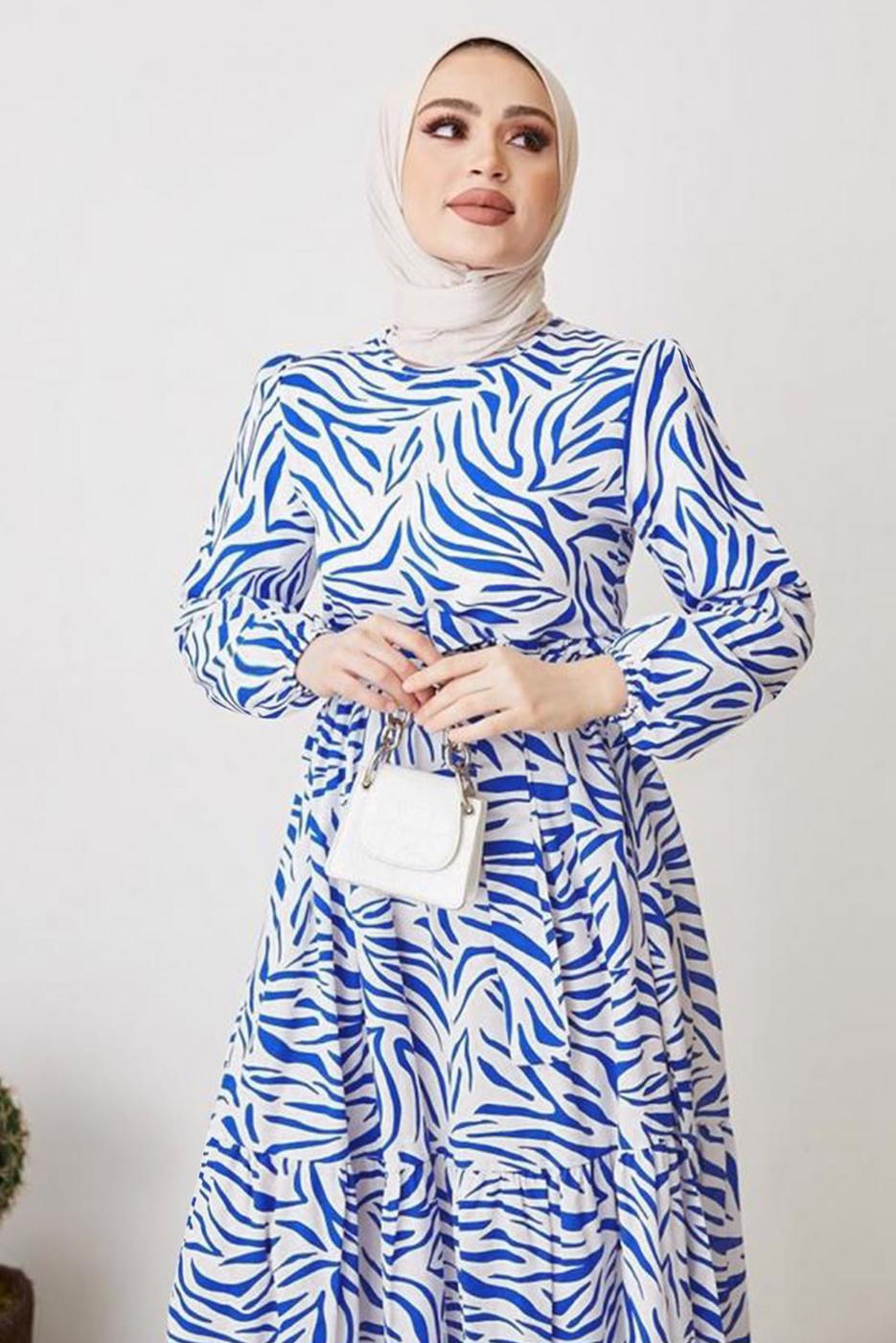 Tesettür giyim LACİVERT ZEBRA DESENLİ KUŞAKLI ELBİSE T 104
