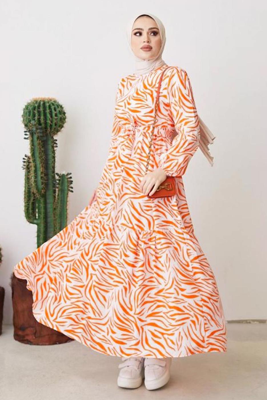 Tesettür giyim TURUNCU ZEBRA DESENLİ KUŞAKLI ELBİSE T 104