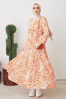 Tesettür giyim TURUNCU ZEBRA DESENLİ KUŞAKLI ELBİSE T 104