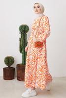 Tesettür giyim TURUNCU ZEBRA DESENLİ KUŞAKLI ELBİSE T 104