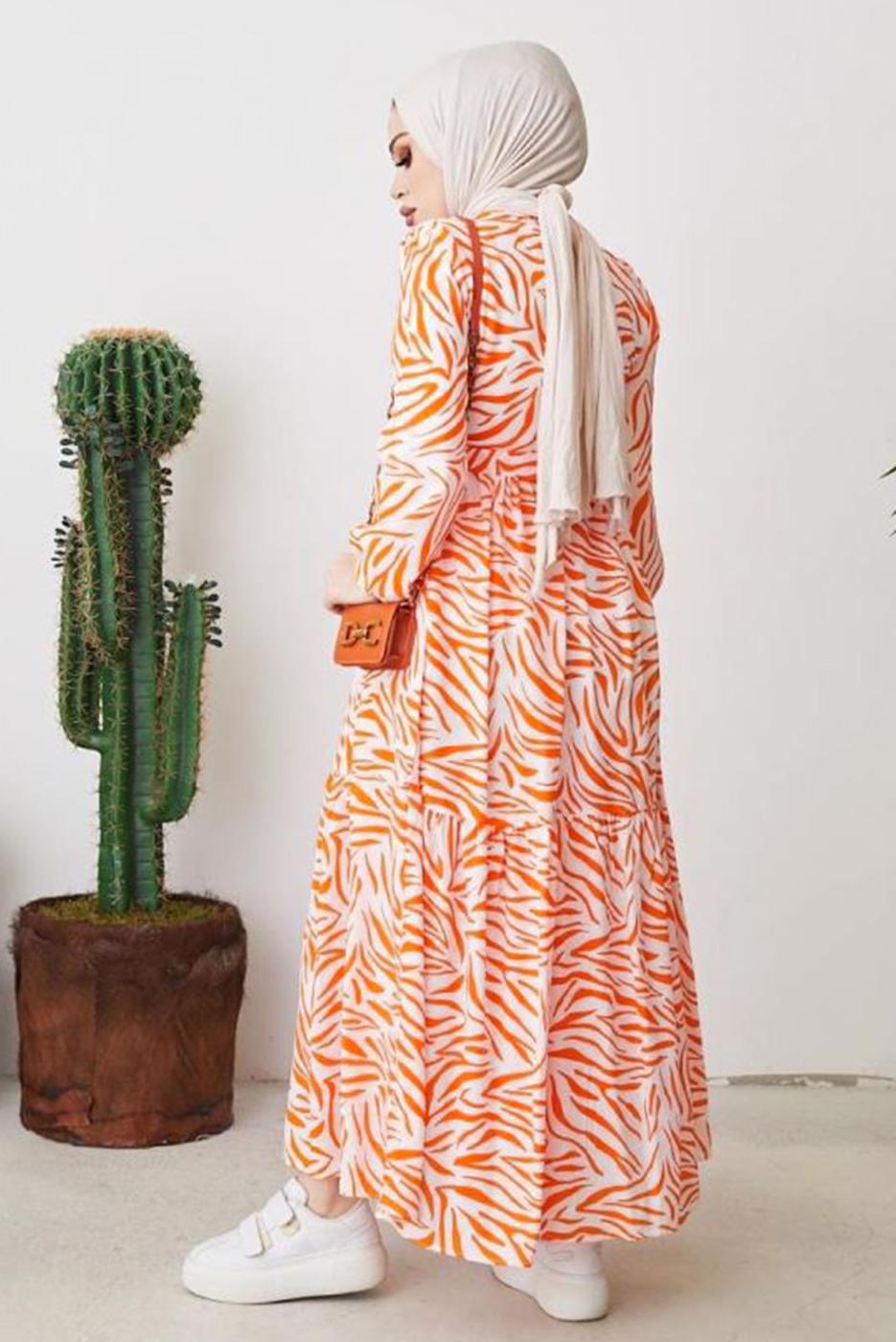 Tesettür giyim TURUNCU ZEBRA DESENLİ KUŞAKLI ELBİSE T 104