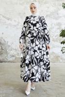 Tesettür giyim SİYAH ÇİÇEK DESENLİ KUŞAKLI ELBİSE T 134