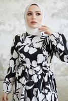 Tesettür giyim SİYAH ÇİÇEK DESENLİ KUŞAKLI ELBİSE T 134