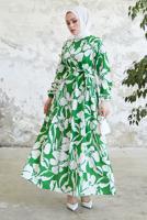 Tesettür giyim YEŞİL ÇİÇEK DESENLİ KUŞAKLI ELBİSE T 134