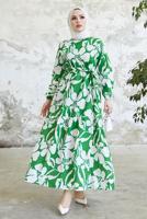 Tesettür giyim YEŞİL ÇİÇEK DESENLİ KUŞAKLI ELBİSE T 134