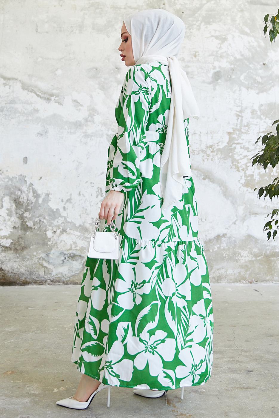 Tesettür giyim YEŞİL ÇİÇEK DESENLİ KUŞAKLI ELBİSE T 134