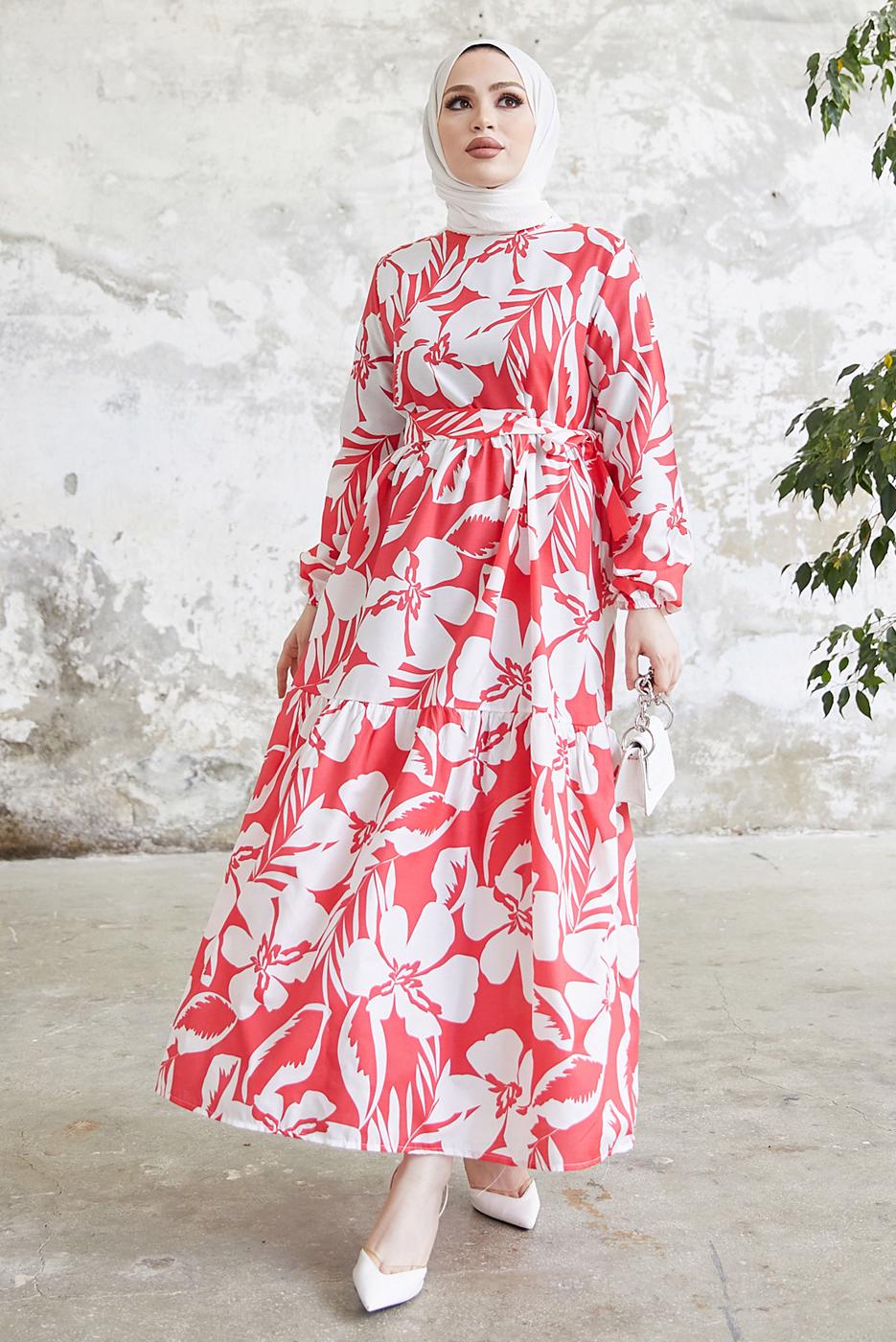 Tesettür giyim KIRMIZI ÇİÇEK DESENLİ KUŞAKLI ELBİSE T 134