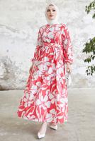 Tesettür giyim KIRMIZI ÇİÇEK DESENLİ KUŞAKLI ELBİSE T 134