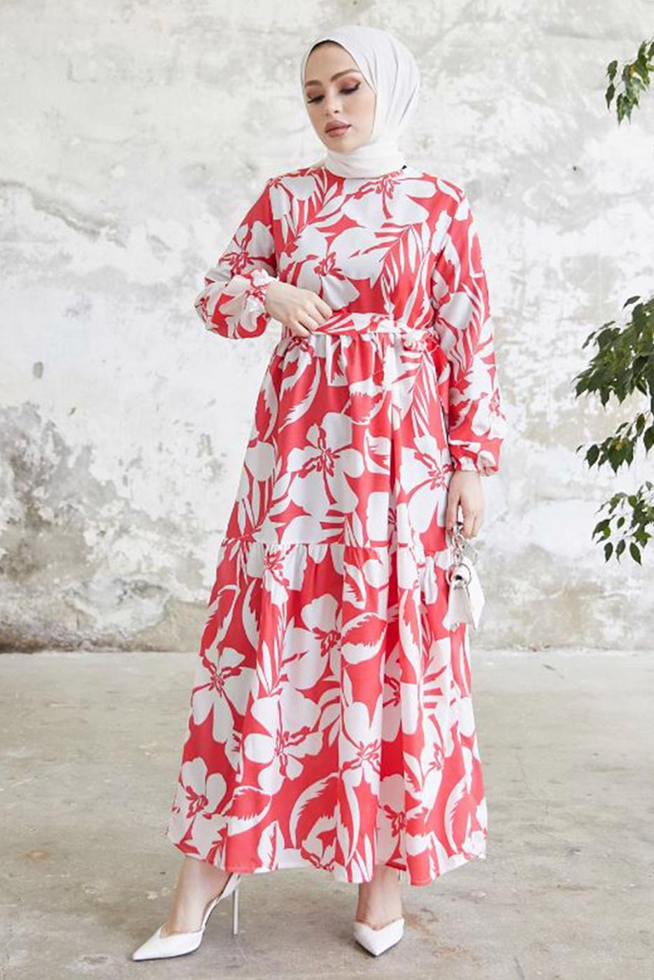 Tesettür giyim KIRMIZI ÇİÇEK DESENLİ KUŞAKLI ELBİSE T 134