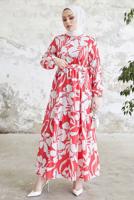 Tesettür giyim KIRMIZI ÇİÇEK DESENLİ KUŞAKLI ELBİSE T 134