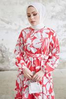 Tesettür giyim KIRMIZI ÇİÇEK DESENLİ KUŞAKLI ELBİSE T 134