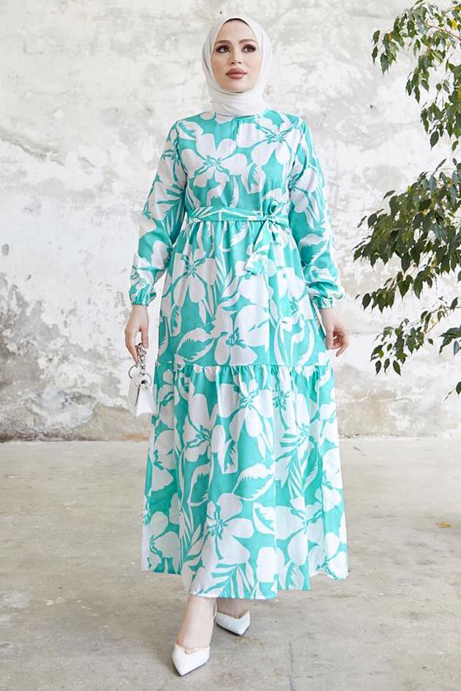 Tesettür giyim MAVİ ÇİÇEK DESENLİ KUŞAKLI ELBİSE T 134