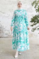 Tesettür giyim MAVİ ÇİÇEK DESENLİ KUŞAKLI ELBİSE T 134