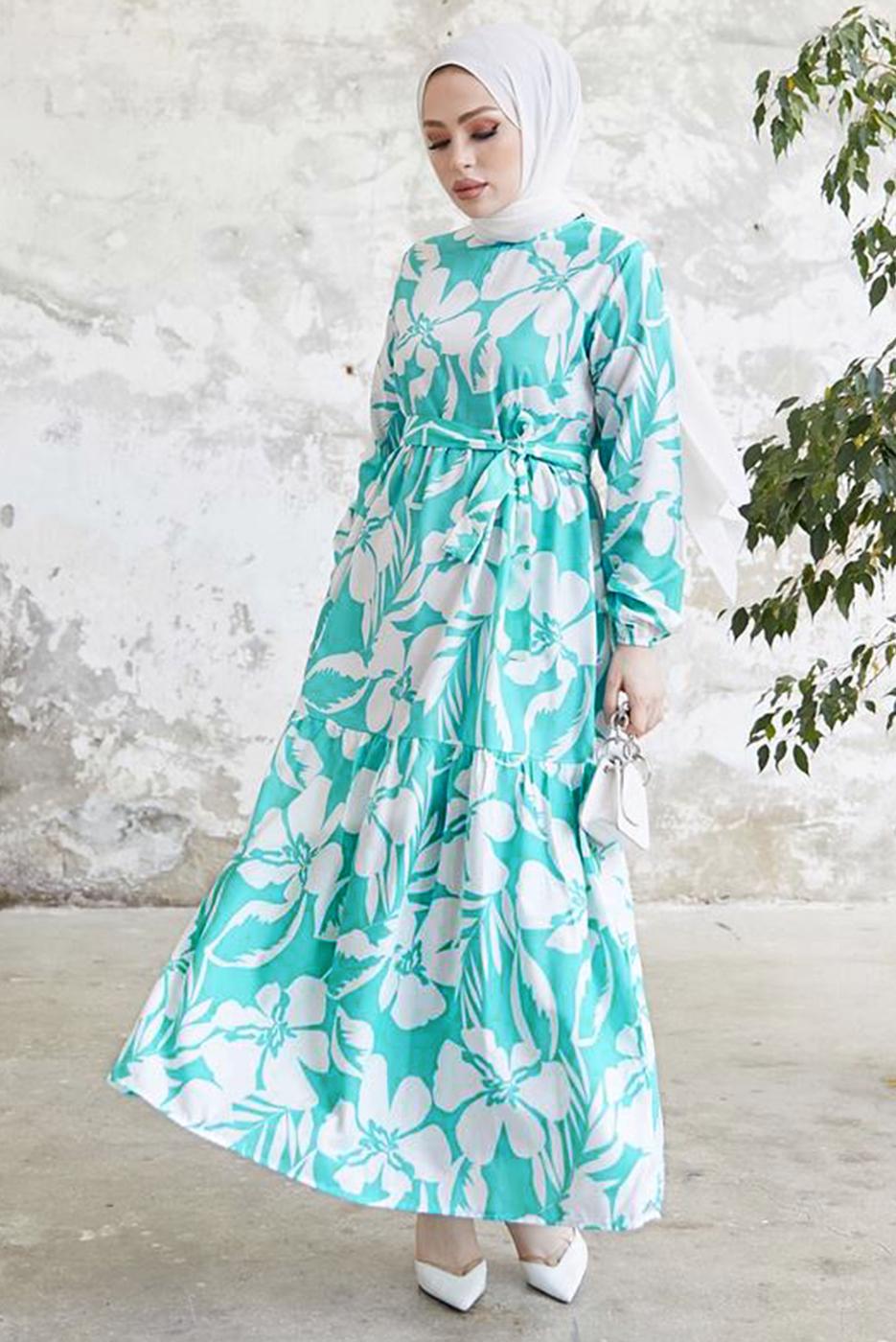 Tesettür giyim MAVİ ÇİÇEK DESENLİ KUŞAKLI ELBİSE T 134