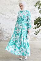 Tesettür giyim MAVİ ÇİÇEK DESENLİ KUŞAKLI ELBİSE T 134