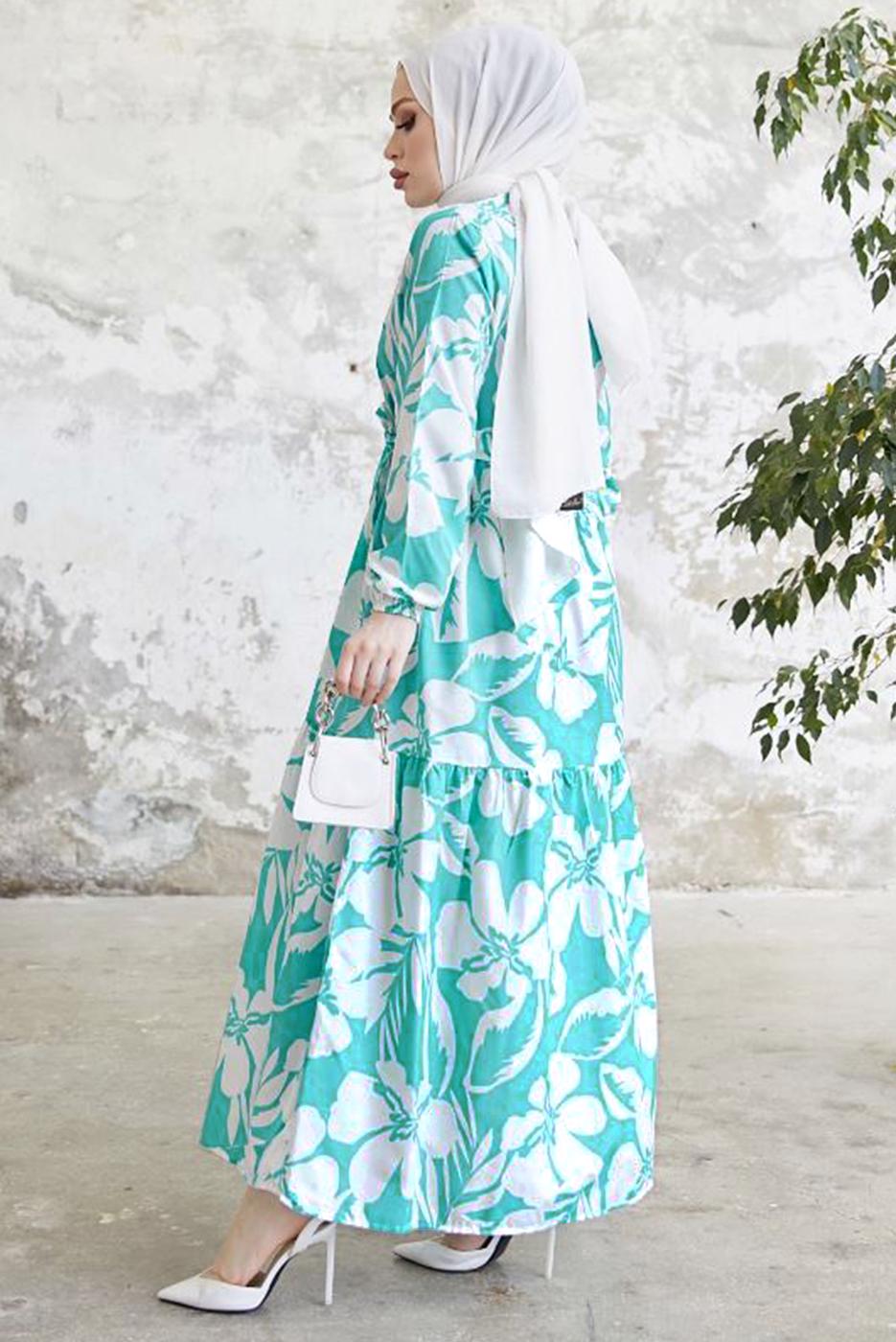 Tesettür giyim MAVİ ÇİÇEK DESENLİ KUŞAKLI ELBİSE T 134