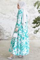 Tesettür giyim MAVİ ÇİÇEK DESENLİ KUŞAKLI ELBİSE T 134