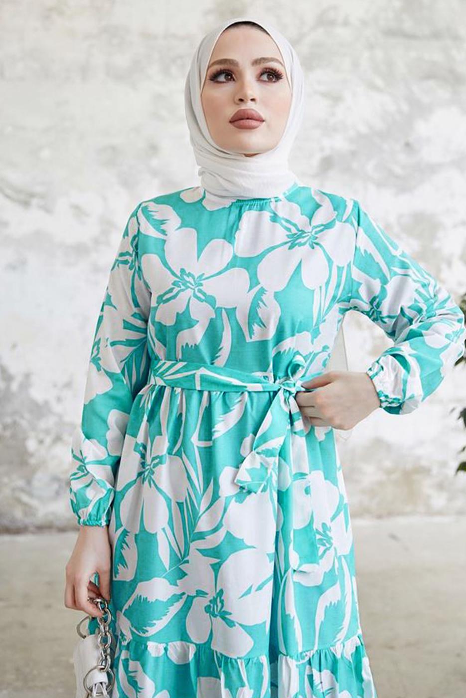 Tesettür giyim MAVİ ÇİÇEK DESENLİ KUŞAKLI ELBİSE T 134