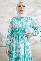 Tesettür giyim MAVİ ÇİÇEK DESENLİ KUŞAKLI ELBİSE T 134