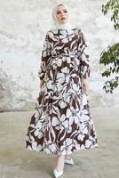 Tesettür giyim KAHVE ÇİÇEK DESENLİ KUŞAKLI ELBİSE T 134