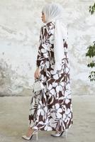 Tesettür giyim KAHVE ÇİÇEK DESENLİ KUŞAKLI ELBİSE T 134