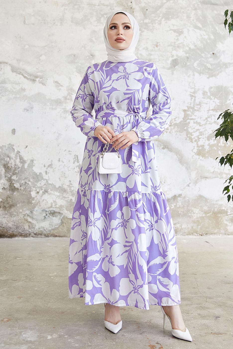Tesettür giyim MOR ÇİÇEK DESENLİ KUŞAKLI ELBİSE T 134