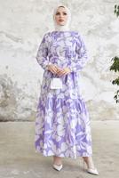 Tesettür giyim MOR ÇİÇEK DESENLİ KUŞAKLI ELBİSE T 134