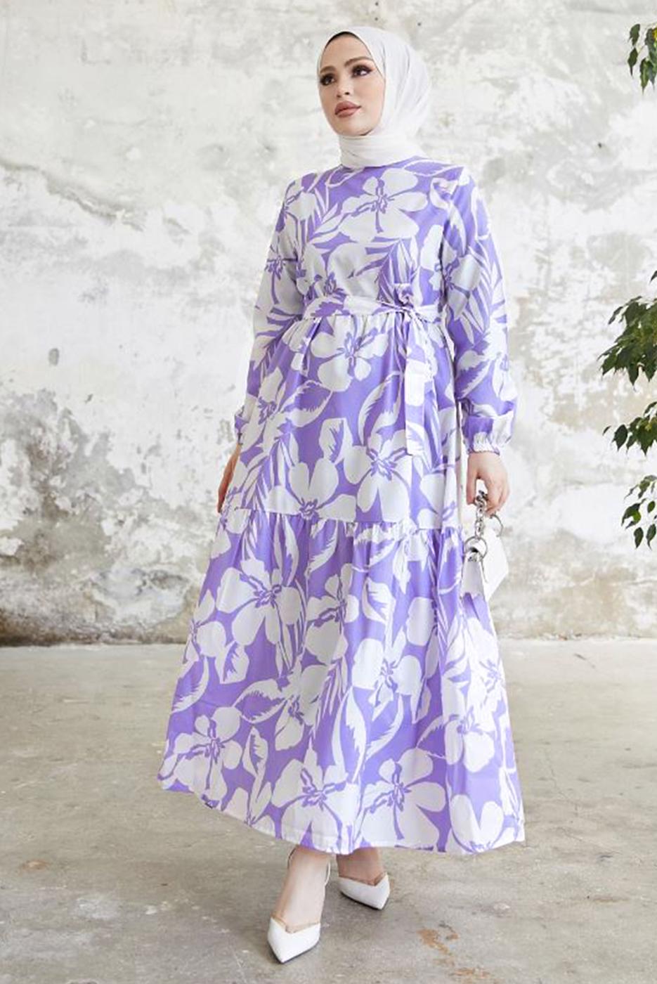 Tesettür giyim MOR ÇİÇEK DESENLİ KUŞAKLI ELBİSE T 134