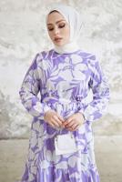 Tesettür giyim MOR ÇİÇEK DESENLİ KUŞAKLI ELBİSE T 134