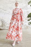 Tesettür giyim KIRMIZI ÇİÇEK DESENLİ KUŞAKLI ELBİSE T 134