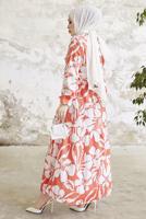 Tesettür giyim KIRMIZI ÇİÇEK DESENLİ KUŞAKLI ELBİSE T 134