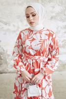 Tesettür giyim KIRMIZI ÇİÇEK DESENLİ KUŞAKLI ELBİSE T 134