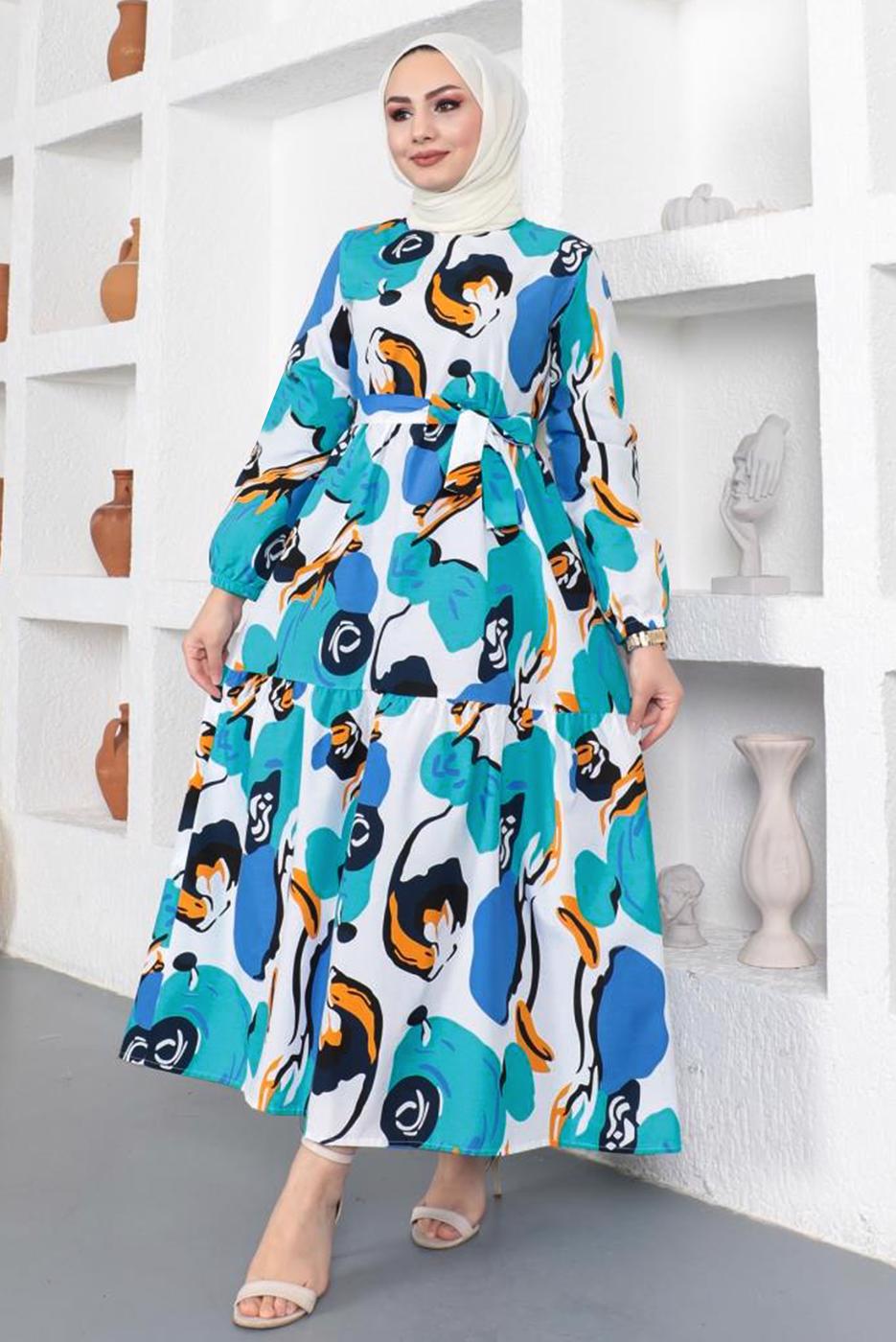 Tesettür giyim MAVİ DESENLİ KUŞAKLI ELBİSE T 144