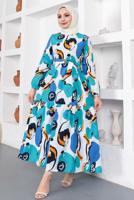 Tesettür giyim MAVİ DESENLİ KUŞAKLI ELBİSE T 144