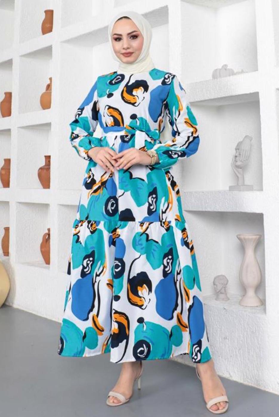 Tesettür giyim MAVİ DESENLİ KUŞAKLI ELBİSE T 144