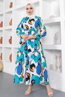 Tesettür giyim MAVİ DESENLİ KUŞAKLI ELBİSE T 144