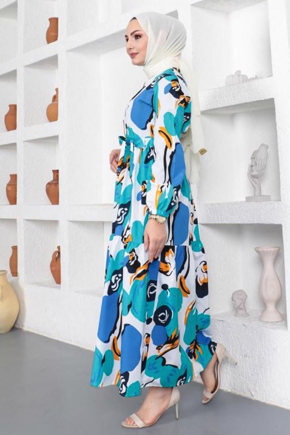 Tesettür giyim MAVİ DESENLİ KUŞAKLI ELBİSE T 144