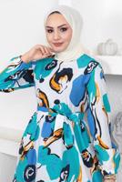 Tesettür giyim MAVİ DESENLİ KUŞAKLI ELBİSE T 144
