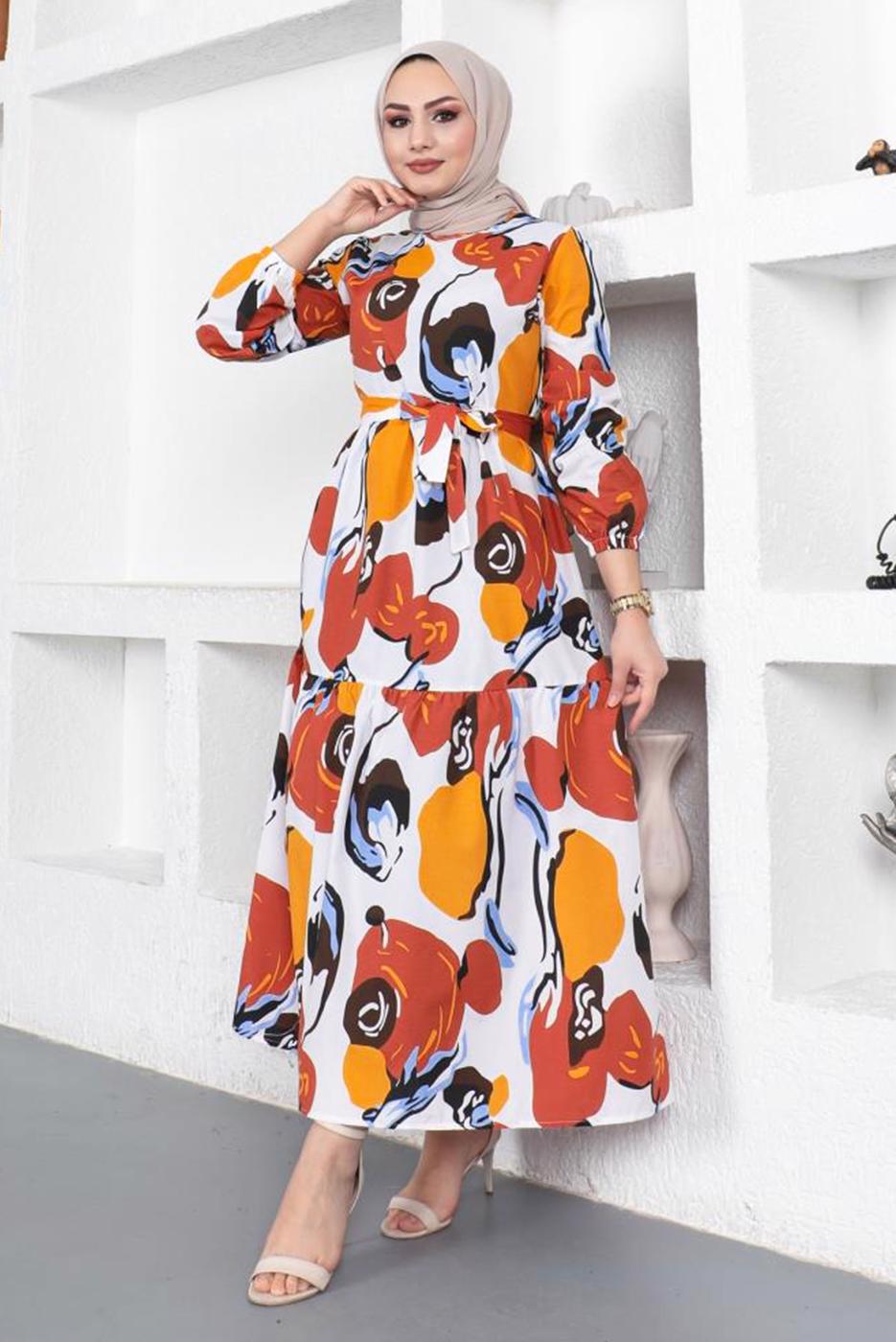 Tesettür giyim KAHVE DESENLİ KUŞAKLI ELBİSE T 144