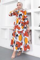 Tesettür giyim KAHVE DESENLİ KUŞAKLI ELBİSE T 144