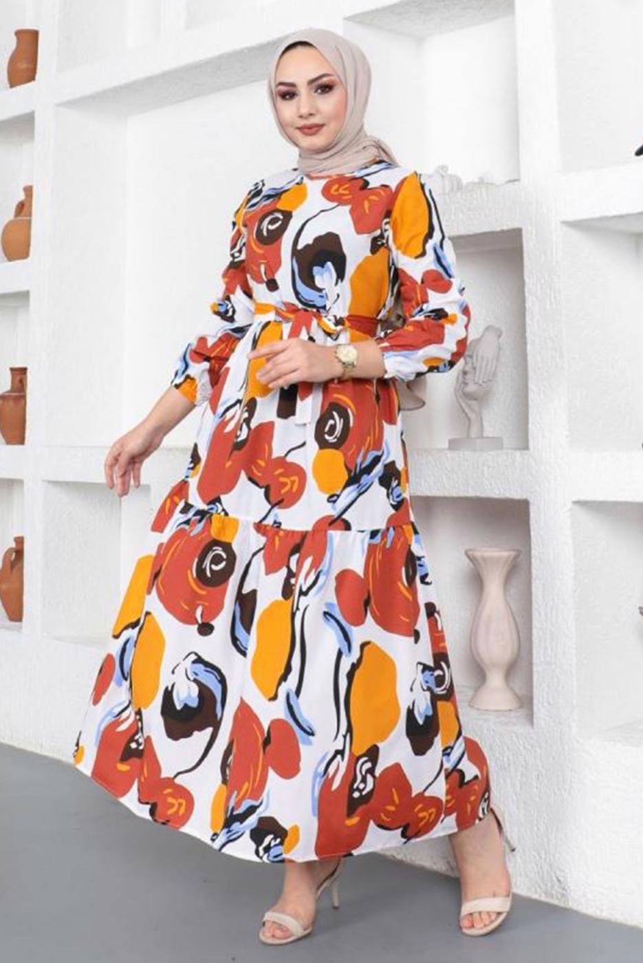 Tesettür giyim KAHVE DESENLİ KUŞAKLI ELBİSE T 144
