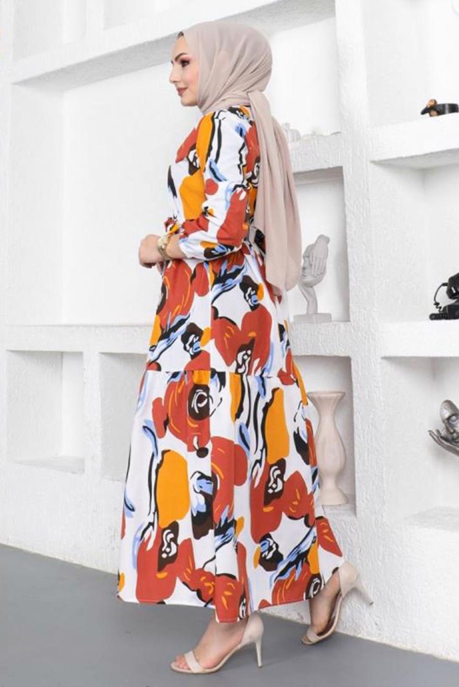 Tesettür giyim KAHVE DESENLİ KUŞAKLI ELBİSE T 144