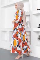 Tesettür giyim KAHVE DESENLİ KUŞAKLI ELBİSE T 144